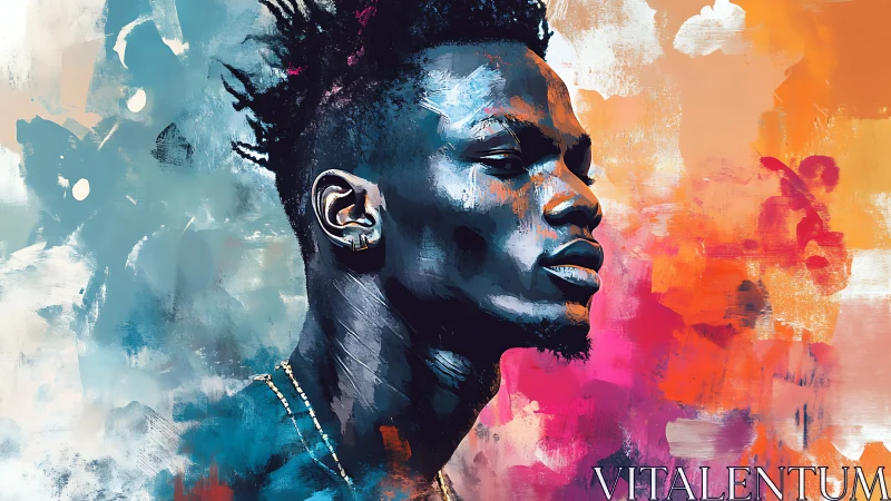 Side profile portrait against abstract color field background.