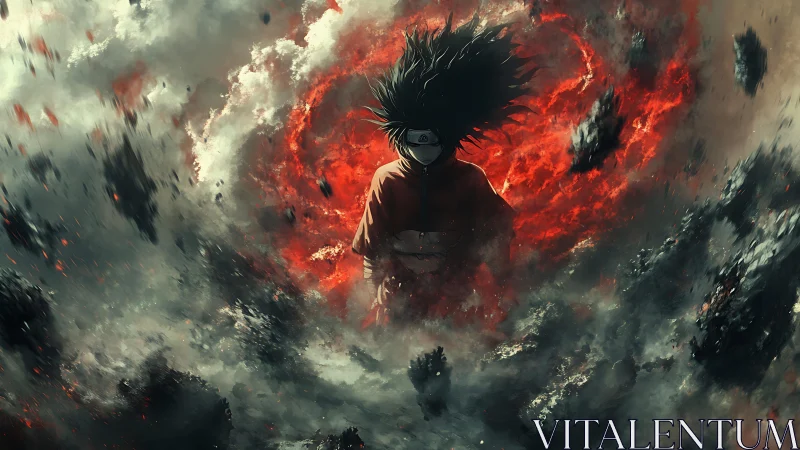 Dark cloaked warrior amid fiery storm and falling debris.