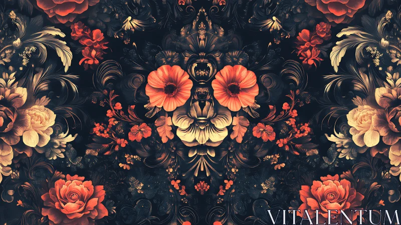 Baroque floral symmetry with fiery blooms on dark ground.