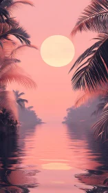 Dreamy pink lagoon sunset wrapped in whispering palms.