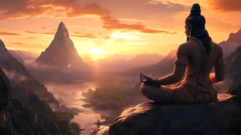Meditating sage overlooks glowing mountain valley at sunrise