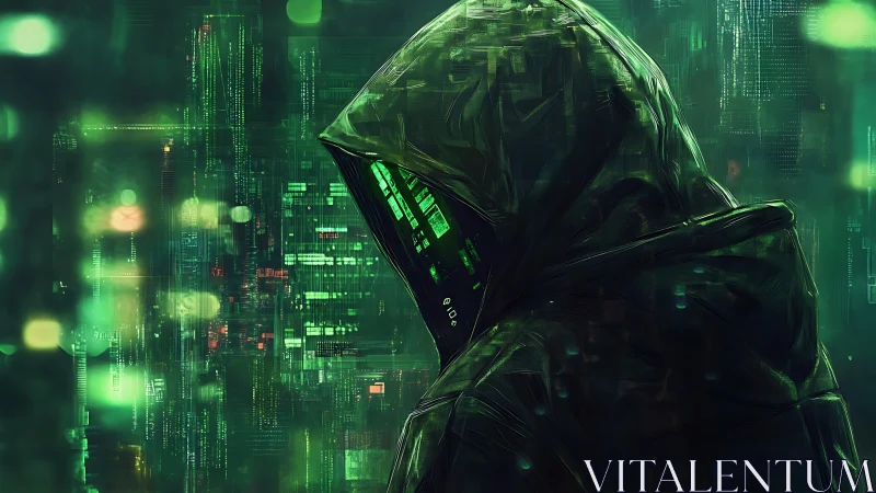 Hooded cyber figure stands amid glowing matrix of green code.