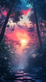 Luminescent Forest Canopy at Sunset: Atmospheric Digital Landscape