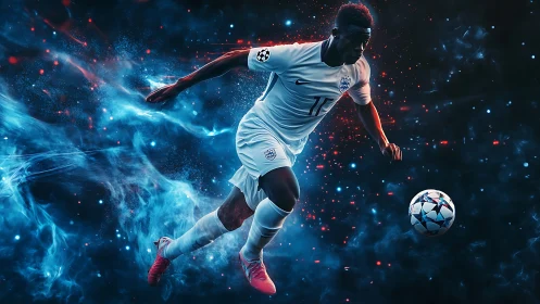 Digital soccer player in motion within abstract energy field.