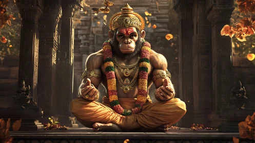 Divine simian deity in ornate temple under warm cinematic light.