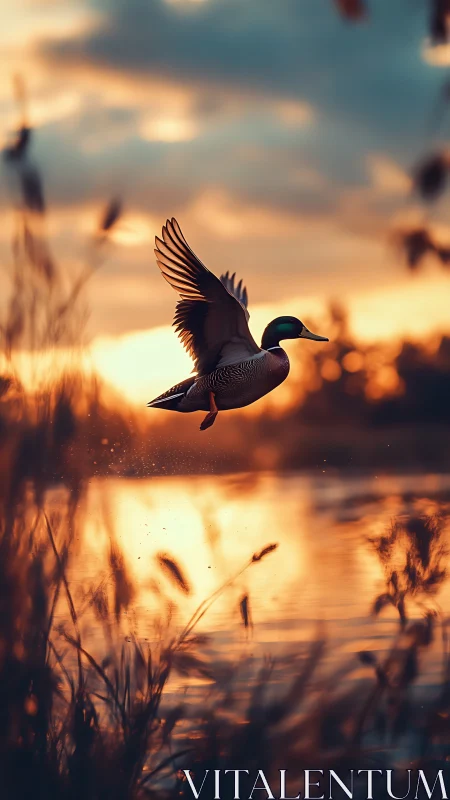 Dabbling duck in mid-flight over backlit lake at sunset