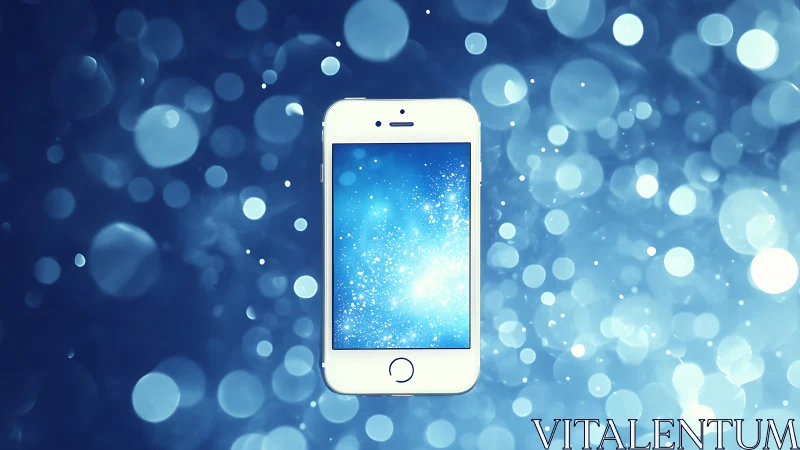 Glowing smartphone floats through a dreamy digital bokeh sea