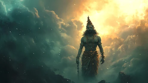 Mythic deity strides through glowing storm clouds with power