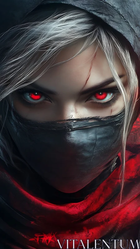 Hooded masked figure with red eyes in close frontal view.