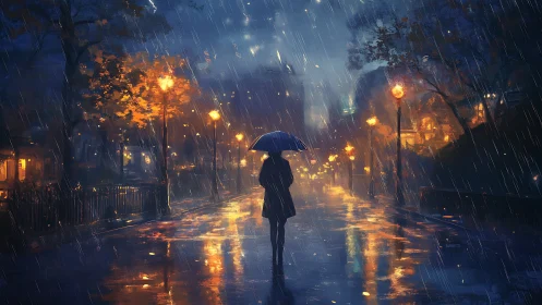 Solitary silhouette crossing rainlit boulevard at night.