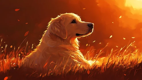 Golden retriever in autumn field under low warm sunlight.