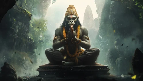 Serene monkey deity rests in meditation within misty ruins