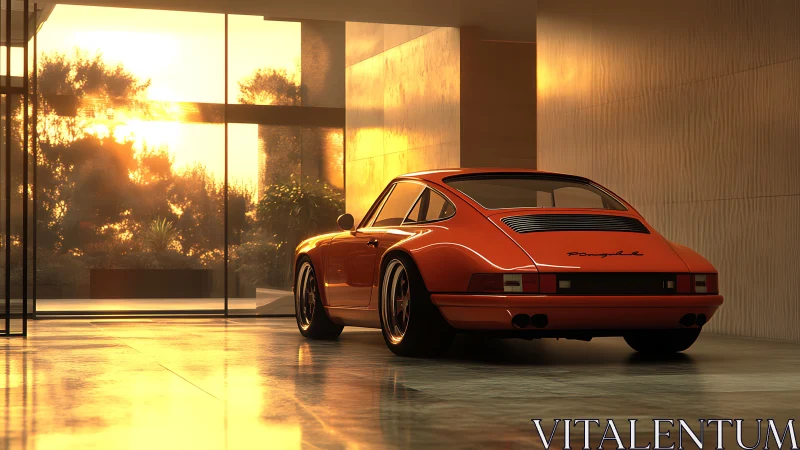 Sunlit retro sports coupe resting in a golden glass garage.