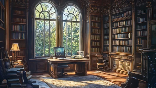 Sunlit neoclassical library interior with digital workstation