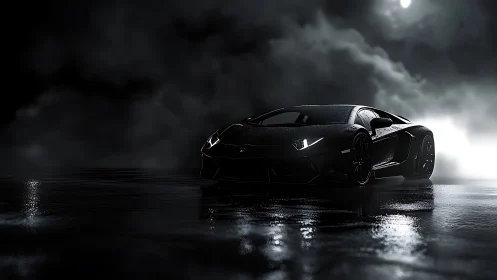 Cinematic low-key supercar portrait in storm-lit wet asphalt.