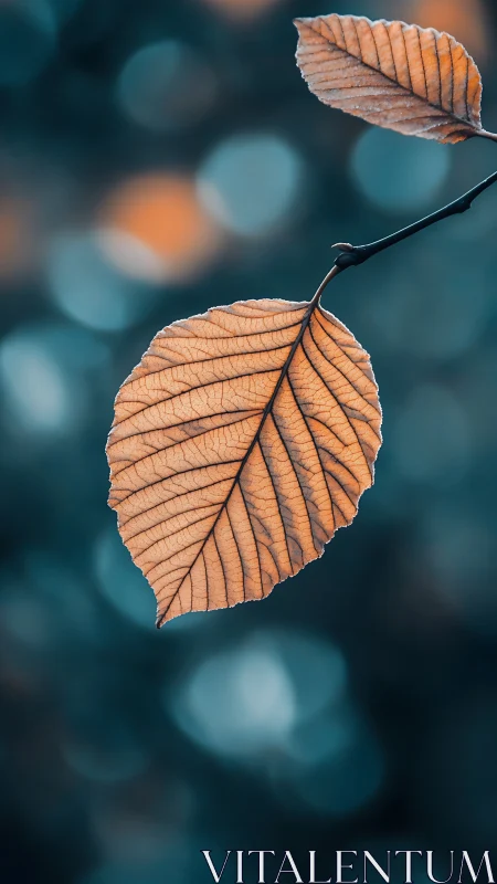 Copper leaf hangs against soft teal bokeh background.