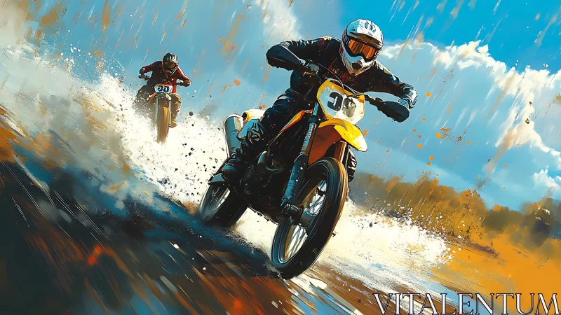 Motocross racer powers through wet track in dynamic spray