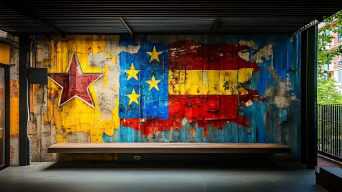 Colorful urban mural brightens a modern industrial bench nook