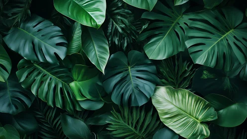 Lush tropical foliage fills dense overlapping leaf pattern