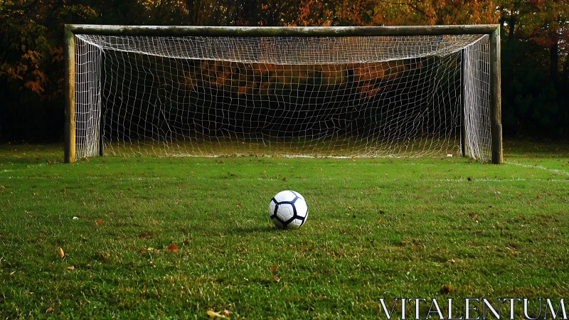 Lonely soccer ball awaiting glory before a quiet goalmouth.