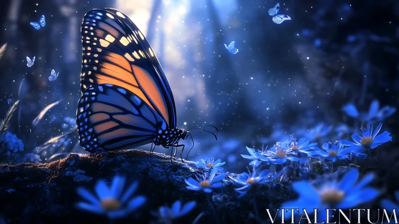 Monarch butterfly on glowing blue forest flowers at night.