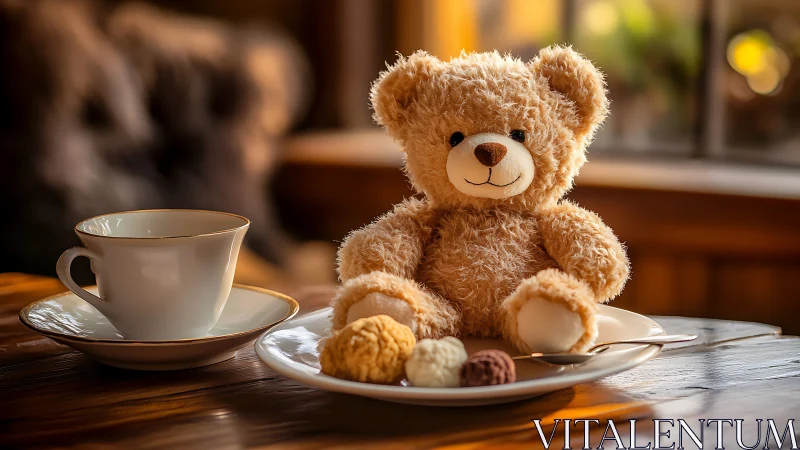 Plush teddy bear on dessert plate beside teacup at table.