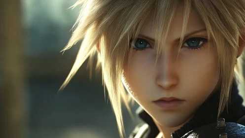 Intense blond warrior portrait in cinematic close-up detail.