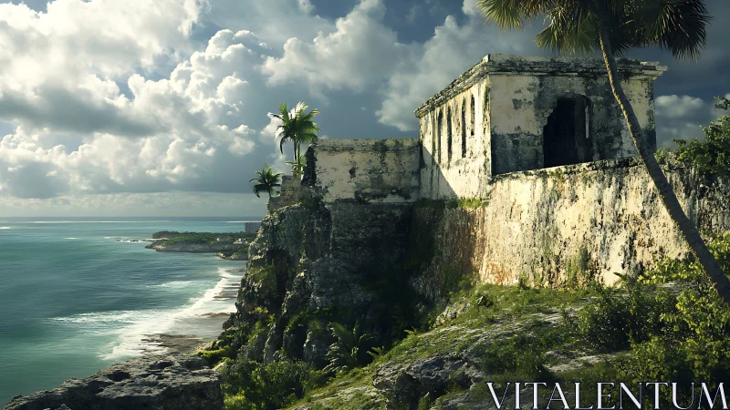 Stone coastal ruin on rocky cliff above turquoise sea.