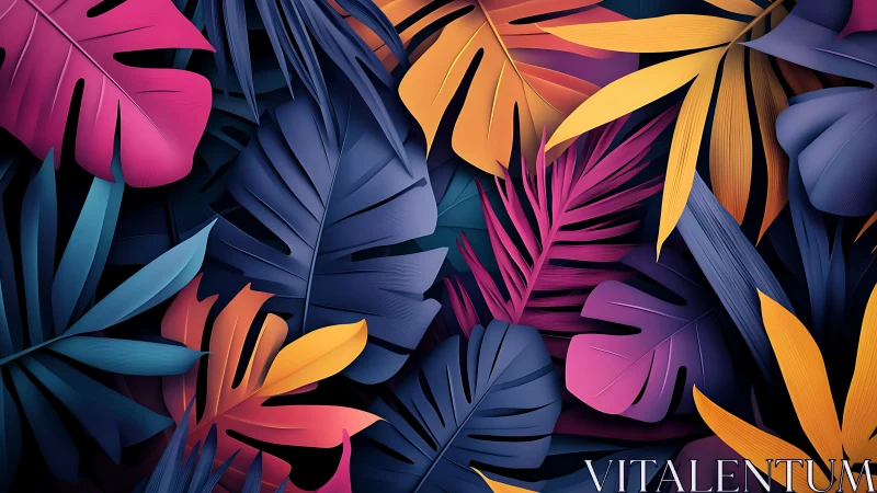 Chromatic tropical foliage in layered digital relief composition.