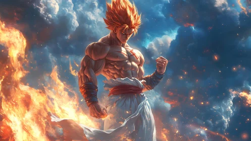 Fiery sky warrior ascending amid swirling storm clouds.