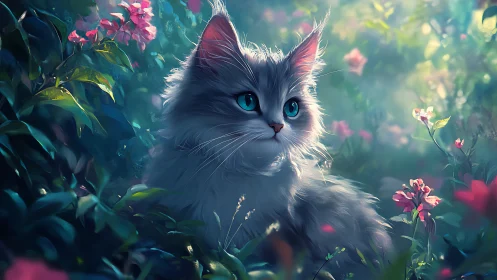 White Cat with Blue Eyes in Enchanted Flower Garden.