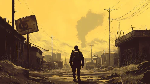 Lone wanderer crosses desolate yellow wasteland street