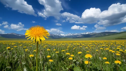 One bold dandelion solos beneath a sky of roaming clouds