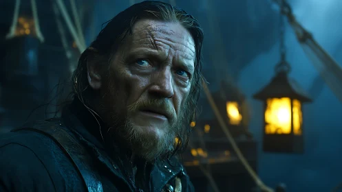 Storm-worn sea captain glowers beneath lantern-lit rigging.