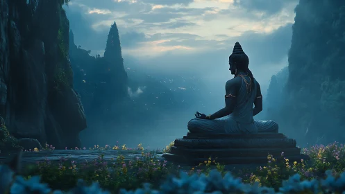 Serene mountain dawn with meditating statue and flowers.
