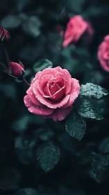 Pink rose blooms brilliantly against moody teal backdrop