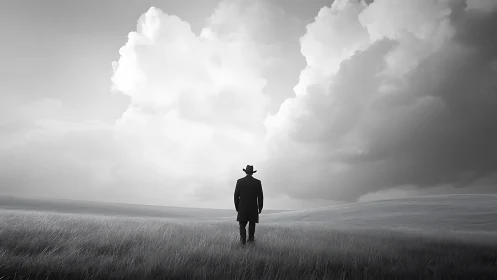 Lone figure in vast grayscale field under towering clouds.