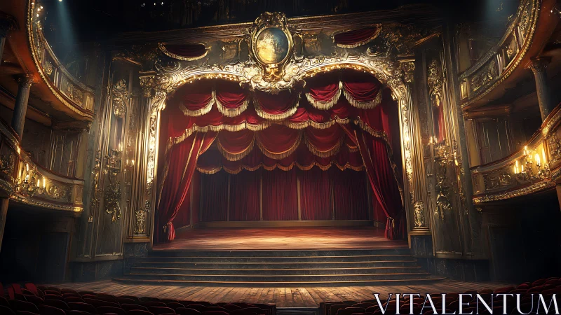 Ornate opera stage with closed red curtains under warm light