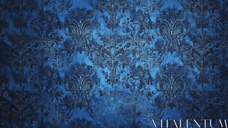 Blue ornamental damask pattern with textured surface.