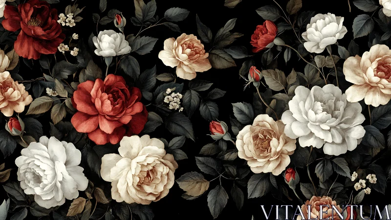 Romantic Garden of Red and Cream Peonies.