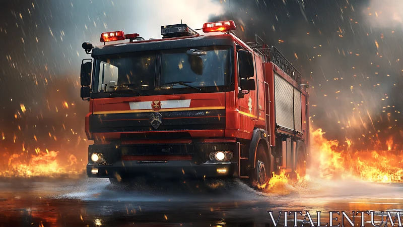 Fire Truck Battling Inferno Through Rain And Flames.