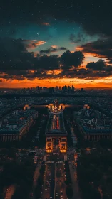 Paris cityscape with Arc de Triomphe at dusk under stars.