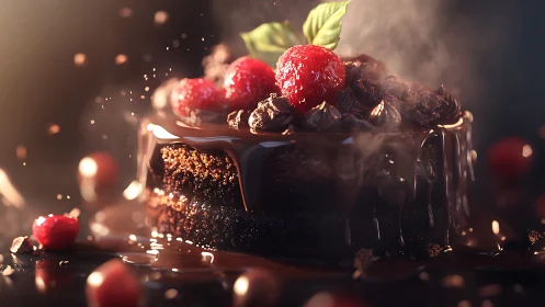 Volumetric Chocolate Dessert with Fresh Red Berries in Dramatic Atmospheric Lighting