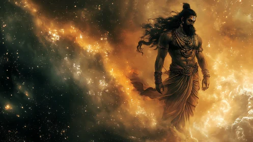 Celestial warrior deity walking through nebular star clouds