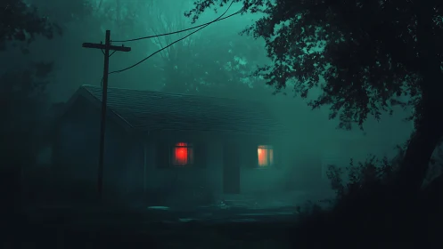 Foggy forest house with eerie red and yellow windows at night