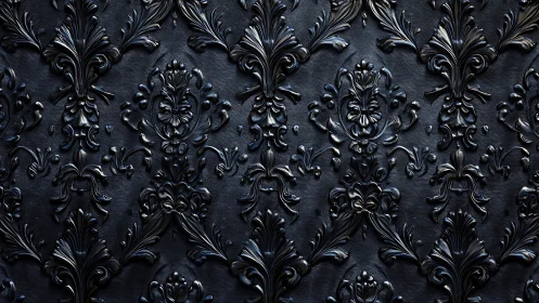Baroque shadows glide across midnight embossed damask walls