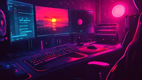 Neon magenta cyber workstation with panoramic coding displays.