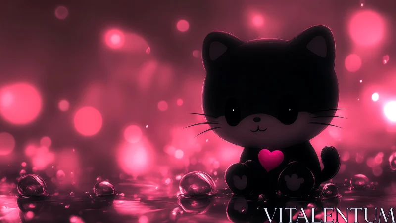 Black Cat Silhouette with Heart-Shaped Chest Holding Pink Glowing Orbs