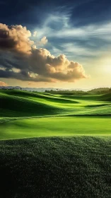 Golf course fairways curve under dense clouds at sunset