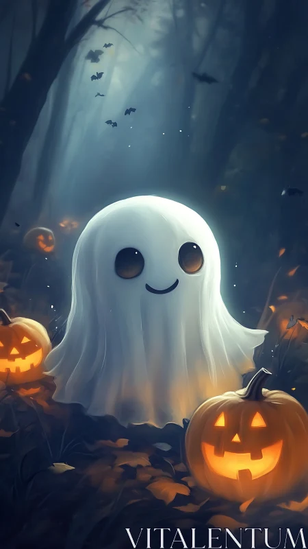 Cute little Halloween ghost glowing among jack o&rsquo;lanterns.